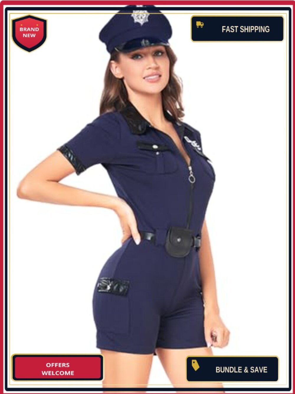 Women's Police Officer Romper Costume with Hat and Belt
